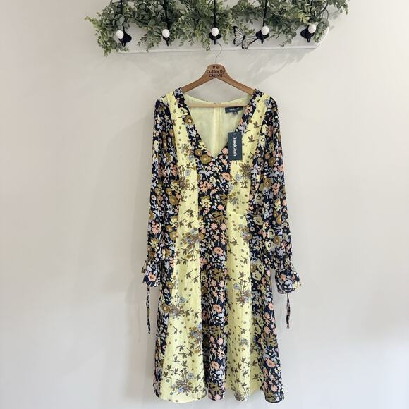 New Modcloth Unique Persona Blue Yellow Floral Dragonfly Size 14 15-3052 - Picture 1 of 4